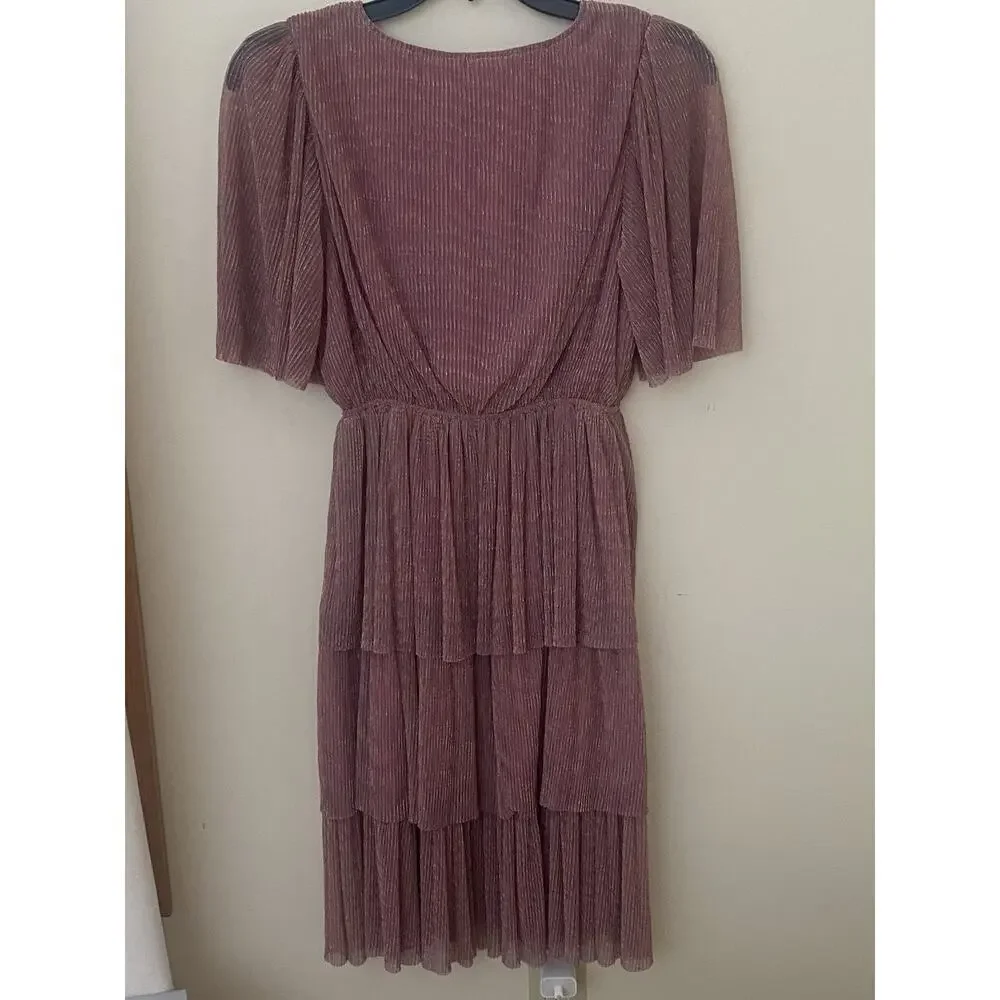 Easel Tiered Metallic Stripe Midi Dress‎ Size M Russet Pink Party Wedding - Picture 3 of 5